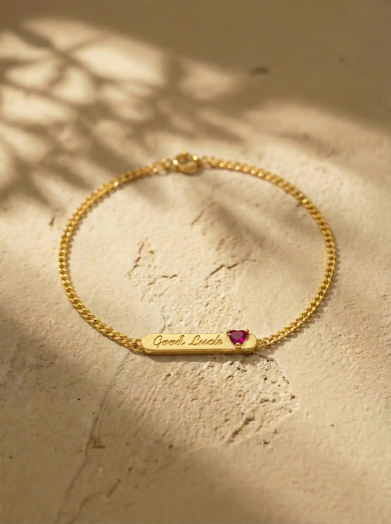 S925 Silver "Good Luck" Bar Bracelet with Red Heart