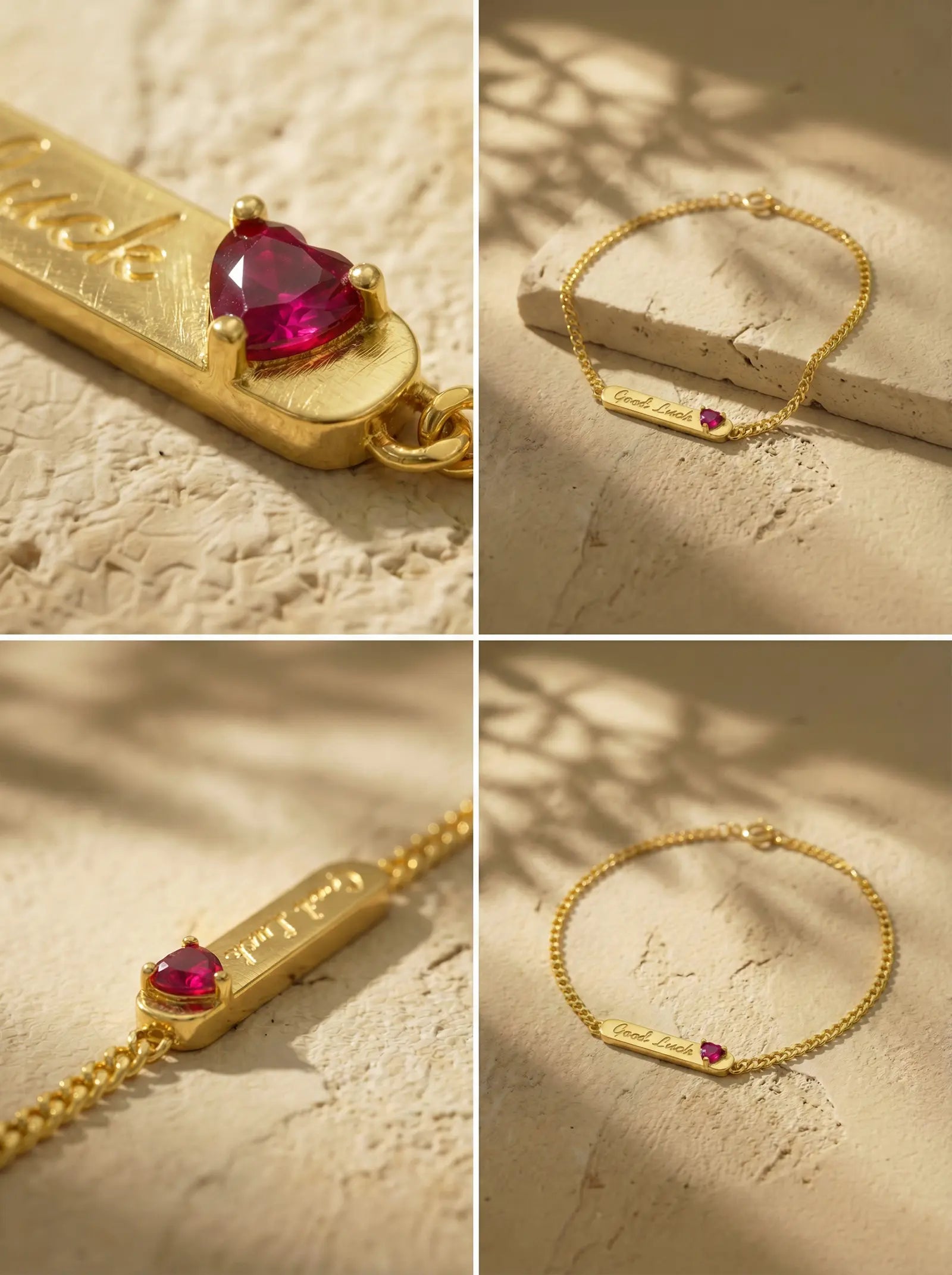 S925 Silver "Good Luck" Bar Bracelet with Red Heart