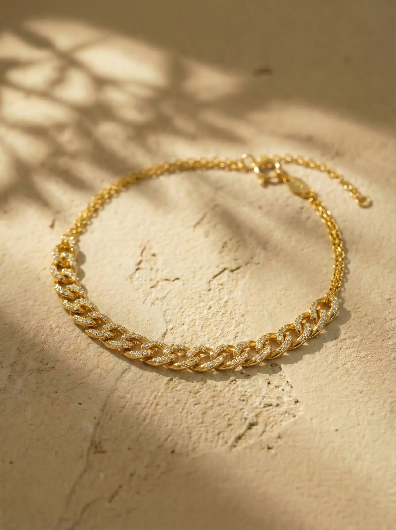 S925 Silver Pave Cuban Chain Bracelet (Gold Plated)
