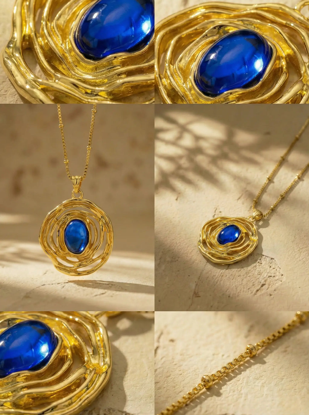 Vintage Gold Nest Necklace with Royal Blue Stone