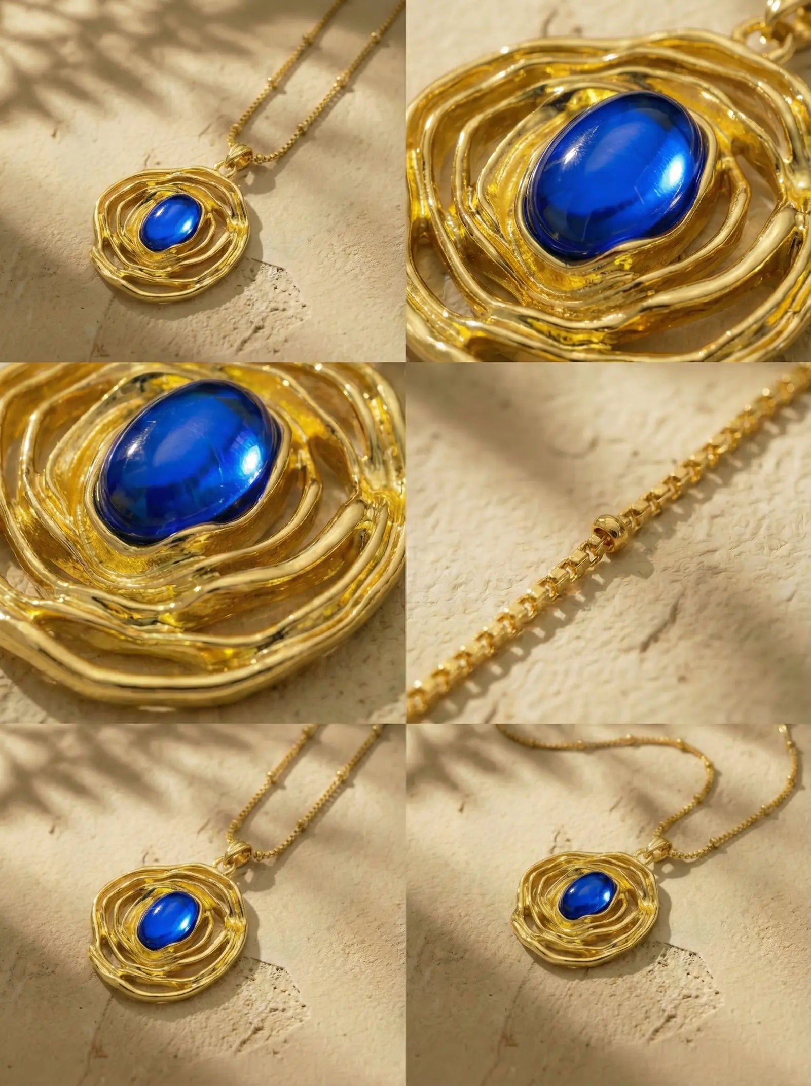 Vintage Gold Nest Necklace with Royal Blue Stone