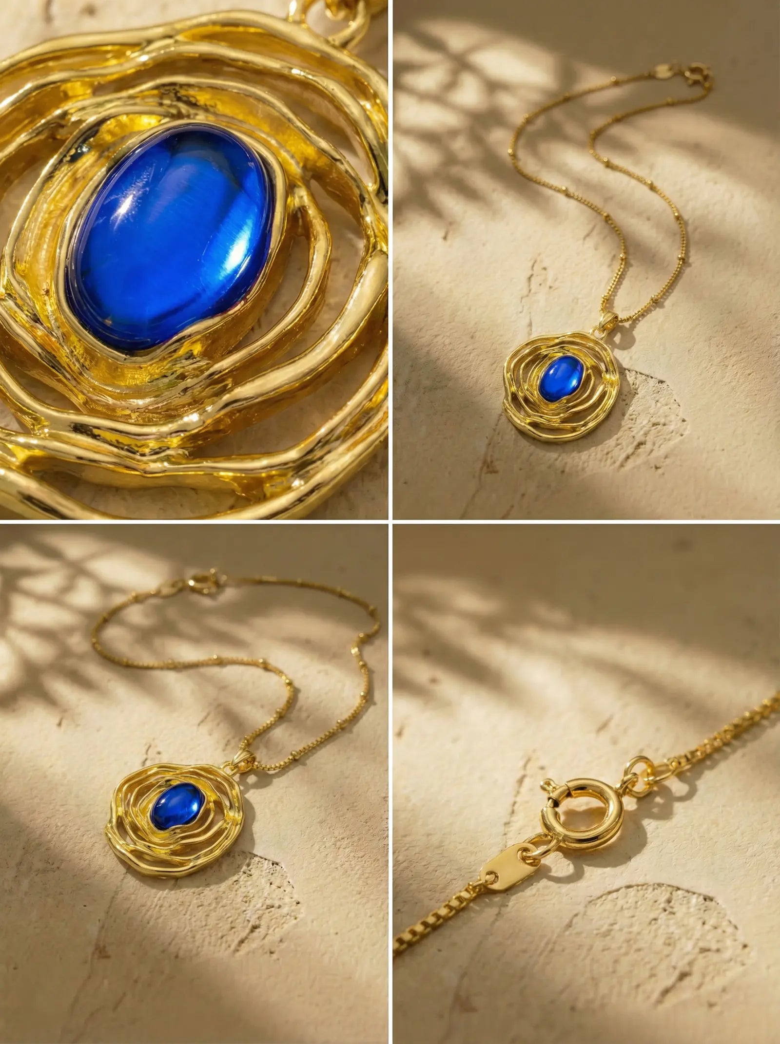 Vintage Gold Nest Necklace with Royal Blue Stone