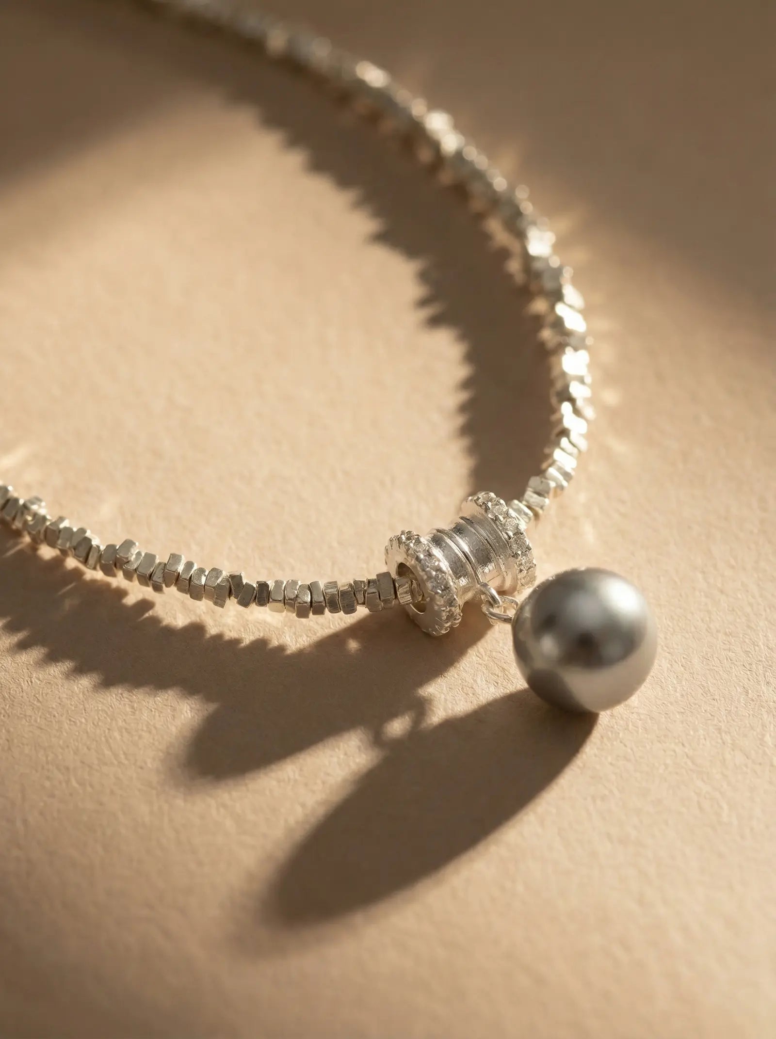 S925 Silver Crushed Silver Necklace with Grey Pear