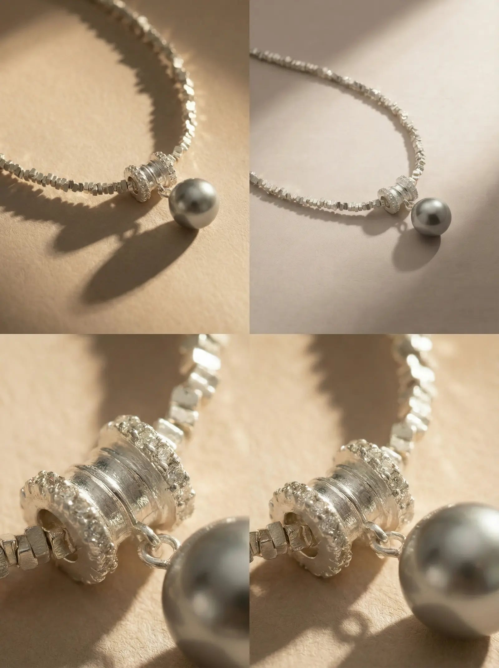 S925 Silver Crushed Silver Necklace with Grey Pear