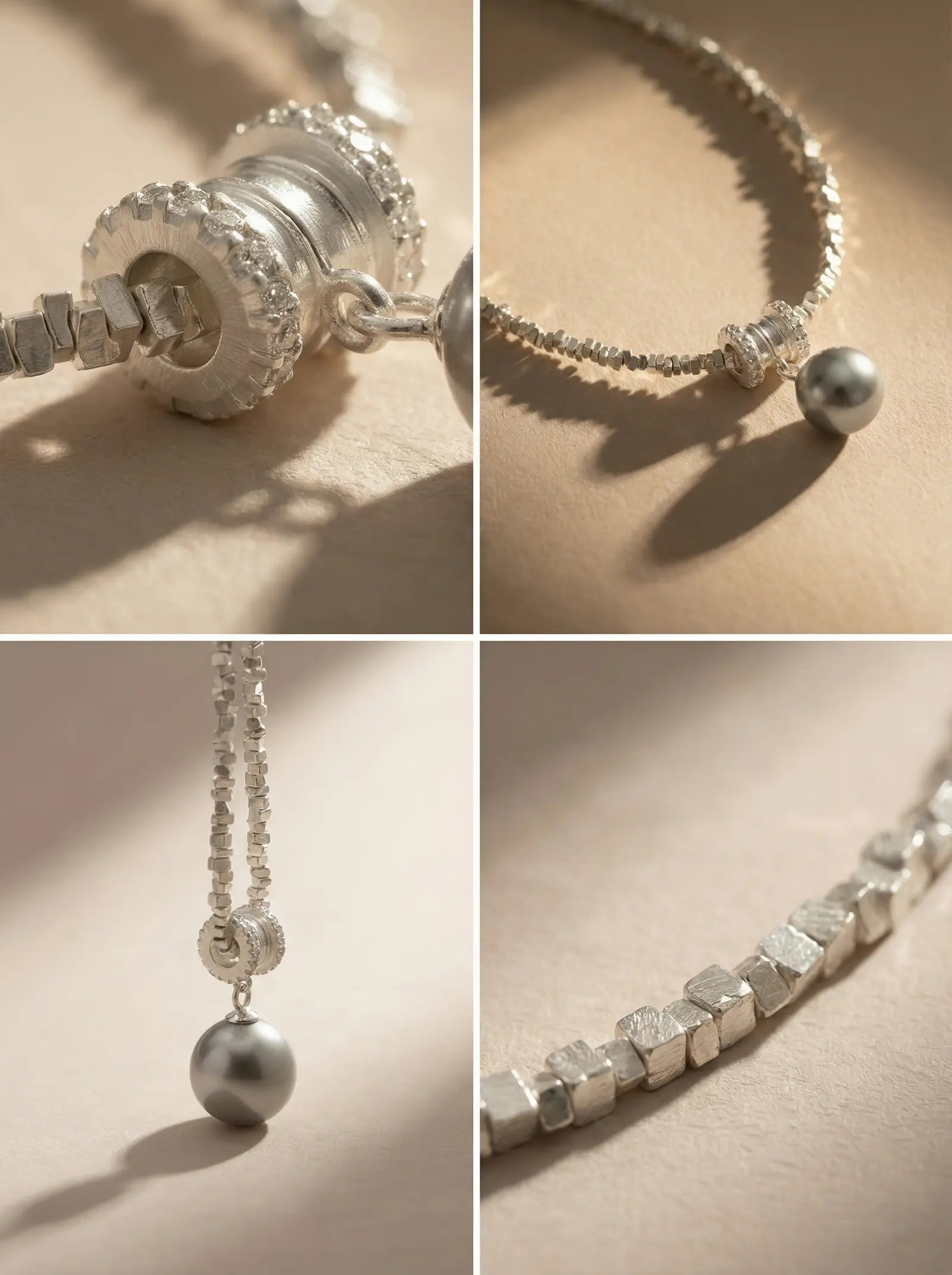 S925 Silver Crushed Silver Necklace with Grey Pear